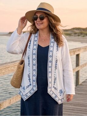Cynthia Rowley Embroidered Cotton Gauze Kimono Cardigan 1X Blue White Coastal